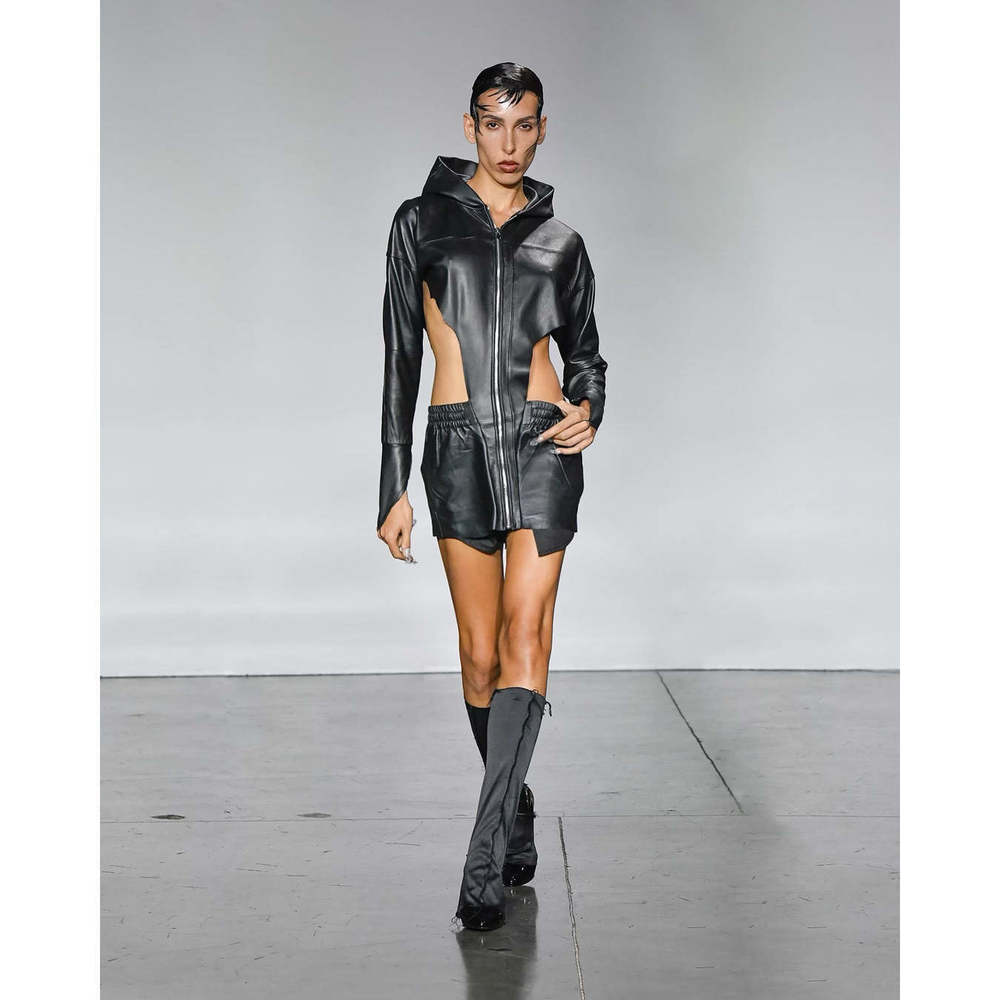 New SAMI MIRO VINTAGE x REVOLVE V Cut Out Hoodie Dress Black Leather two piece